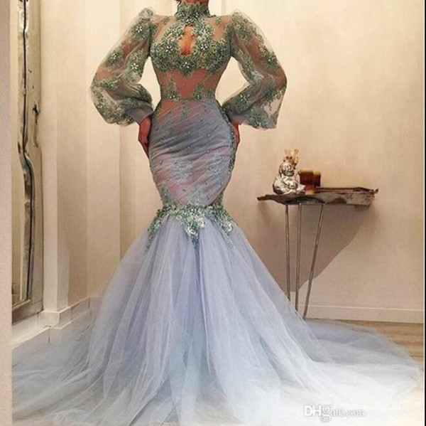 South African High Neck Evening Dresses Lace Appliques Beads Illusion Long Sleeves Mermaid Prom Dress Sexy See Through Party Gowns