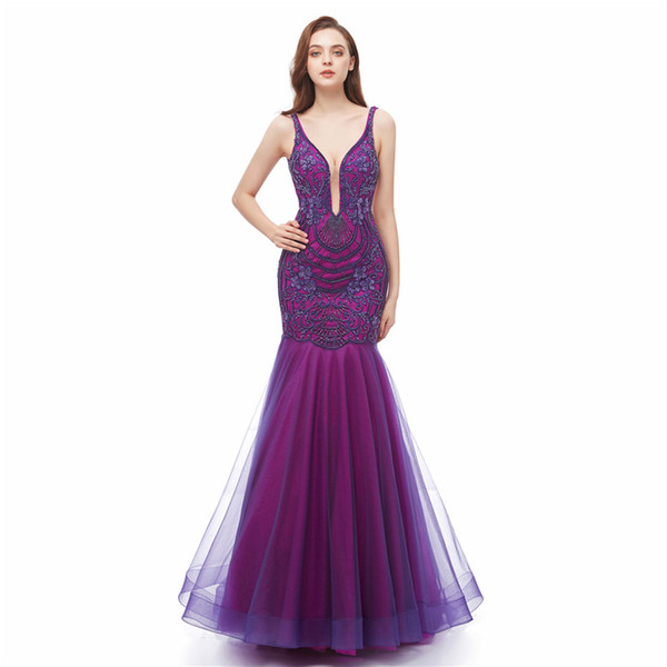 Purple Prom Dresses with sequins beading sleeveless Party Dress new v neck Mermaid Evening Gowns Vestidos