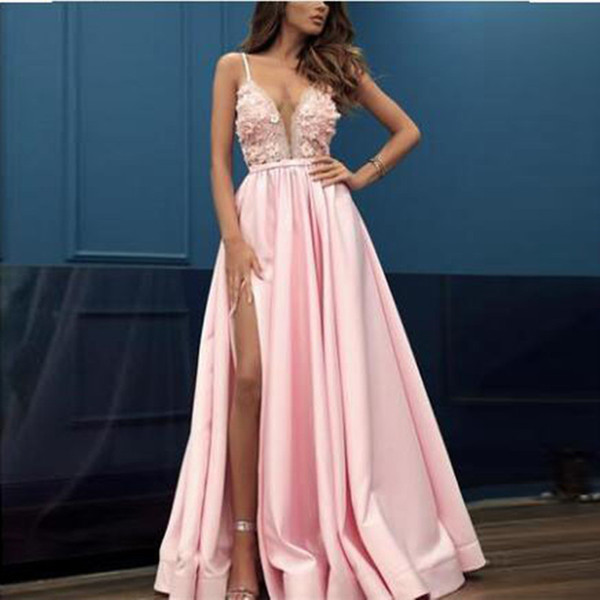 Sexy Long pink prom Dress Front Split evening dresses with appliques floor length party wear