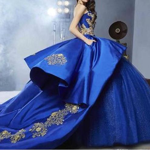 Dark blue strapless prom dress gold appliques beaded ball gown evening dress tulle front stain back party wear cheap