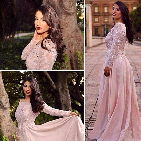 Charming Pink Long Sleeves Evening dresses Lace Beaded Vestidos De Fiesta floor length Arabic Dubai Prom Dresses