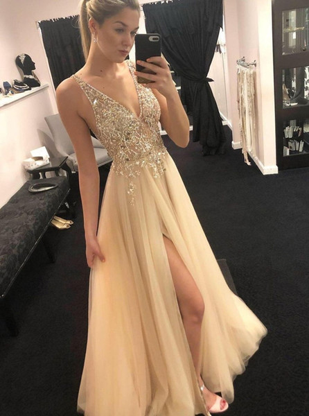 Sexy Champagne prom Dress with lace beads Front Split evening dress open back floor length party wear