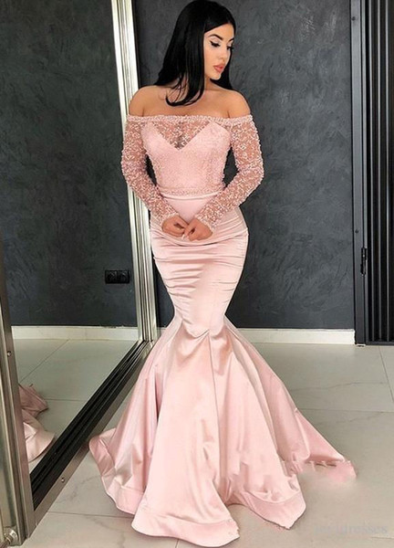 Pink mermaid prom dresses lace stain evening dresses off shoulder appliques party gowns for special occasion