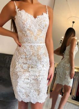 White lace appliques prom dresses knee length mini evening dresses sleeveless backless sexy party wear