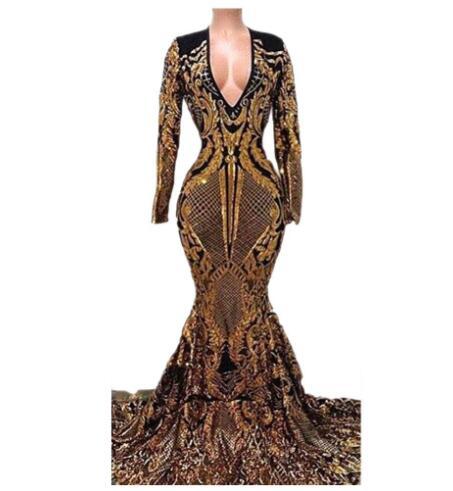 Gold Sequined Mermaid Long Sleeve Evening Dresses Long Sexy Prom Party Dress Gowns Robe de Soiree Arabian Dubai