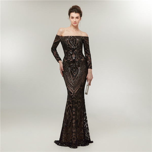 Black long sleeve prom dresses sequin arabic formal dresses evening evening gowns robes de soirée