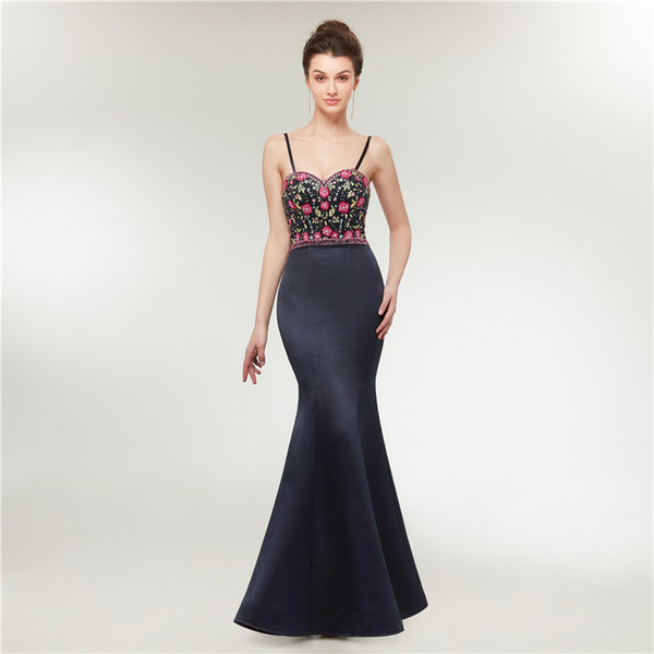 Prom dress sweep train appliques woman formal dresses evening dark navy satin evening gowns robes de soirée