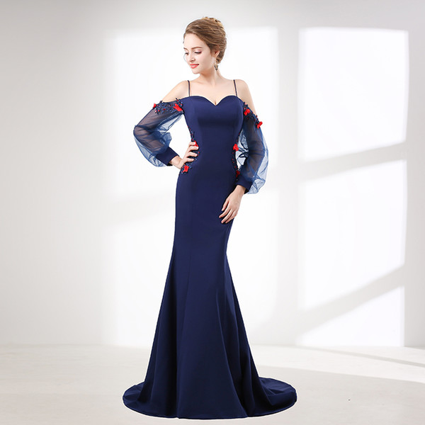 Long sleeve prom dresses mermaid navy blue off shoulder spaghetti strap red flowers elegant evening dress