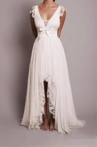 A line white prom dresses deep v neck hi-low long evening dresses simple Rustic style prom gowns