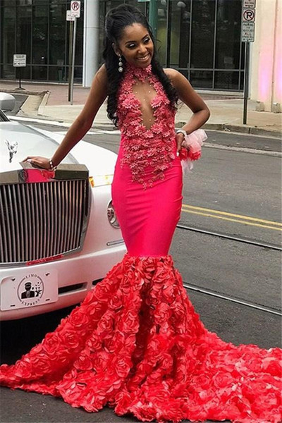 red sexy long Prom Dresses With 3D Appliques Lace Beading Mermaid Evening Dress sweep Train high neck Arabic Party Gowns