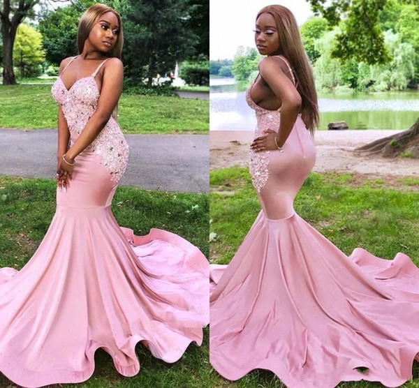 New Sexy Black Girls Mermaid Prom Dresses Backless with Appliques Beads Spaghetti Evening Party Gown