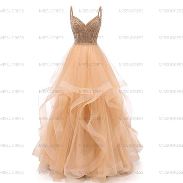 Prom Dresses With Spaghetti Strap Beaded V Neck Tulle Ruffles Evening Dress Formal Gownsrobe de soiree