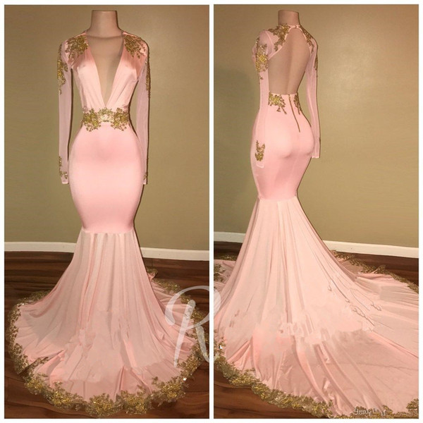 Pink Prom Dresses Mermaid Deep V Neck Long Sleeves Gold Appliques Sweep Train Evening Gowns custom made