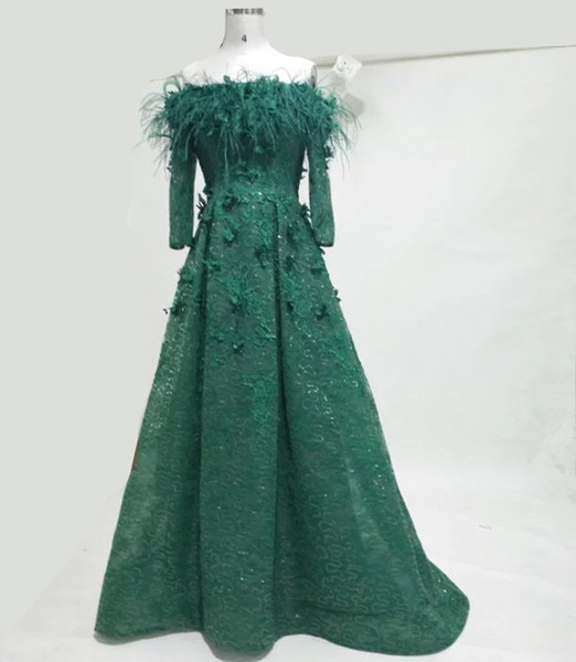 Emerald green prom dresses long sleeves feather off shoulder lace a line floor length evening prom gowns real picture arabic dresses