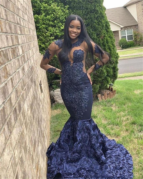 Vintage Black Girls Long Sleeve mermaid Prom Dresses Appliques 3D Flora Flower evening dresses Long plus size Evening Gowns Formal