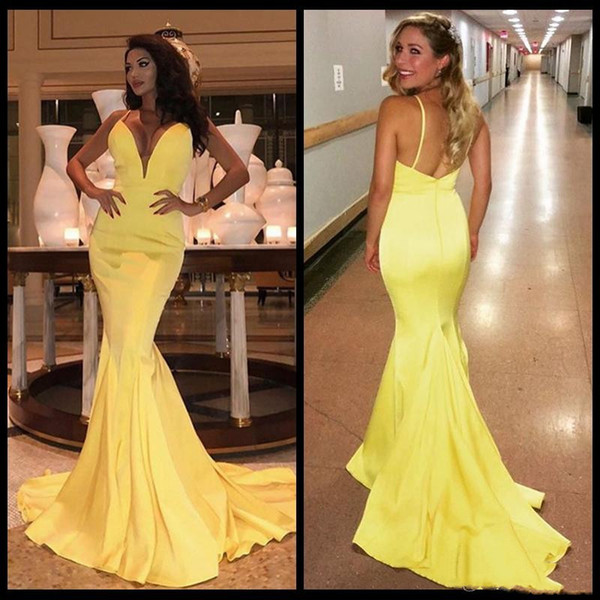 Yellow mermaid prom dresses deep v neck sexy back long evening dresses sleeveless simple formal prom gowns