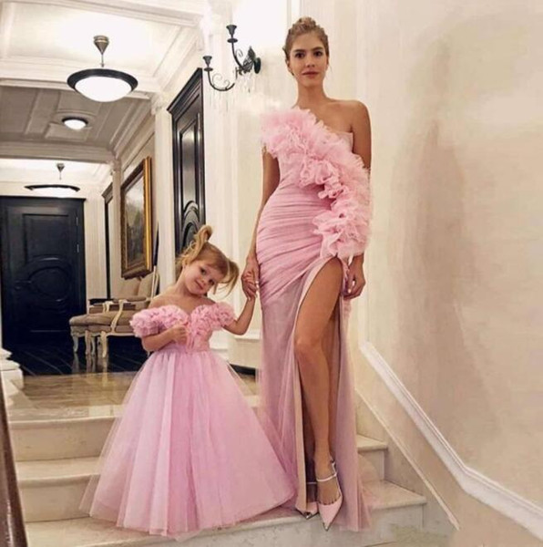 Pink Ruffle One Shoulder 2K18 Prom dresses Sexy Side Split Pleat formal Evening Party Gowns Custom made Prom Party formal dresses evening