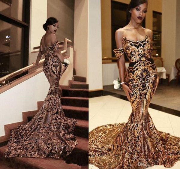 Luxury Gold black Prom Dresses Mermaid off shoulder Sexy African Prom Gowns Vestidos Special Occasion Dresses Evening dress