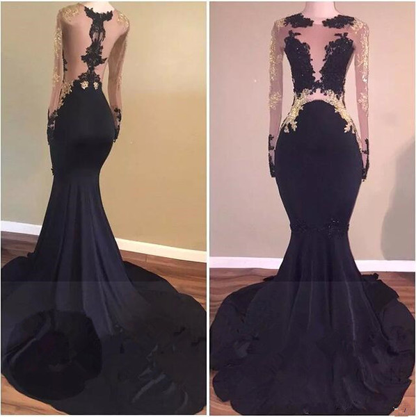 Black Mermaid Prom Dresses Sheer Neck Long Sleeves Arabic woman dresses Gold Lace Appliqued Illusion Back Long Evening Dresses