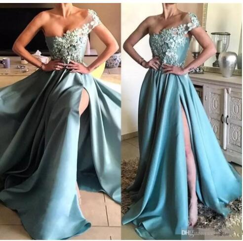 Satin Split Prom Dresses Sexy Slit One-shoulder Cap Sleeves Long Train Lace Appliques Evening Gowns Party Wears 2K18