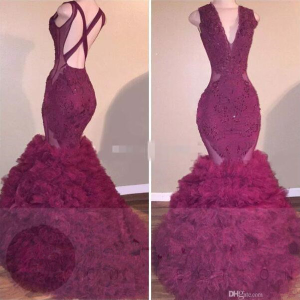 Burgundy Mermaid Prom Dresses Sexy V Neck Sleeveless Appliques Tiered Tulle Backless Evening Gowns Formal Prom Gowns