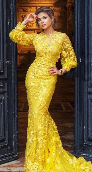 yellow prom dresses 3d lace appliques mermaid evening gown long sleeve sweep train formal party wear