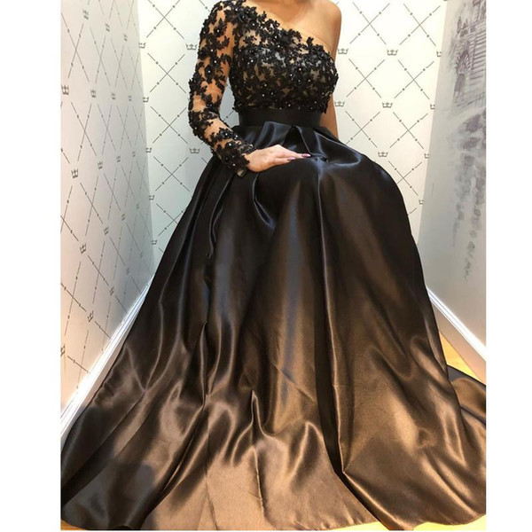 Vintage Black Sexy back Evening Prom Dresses with Applique one shoulder Long evening wear Women Formal dresses on party