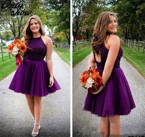 Purple mini prom dresses sleeveless open back sweet girl evening wear plus size party wear custom made