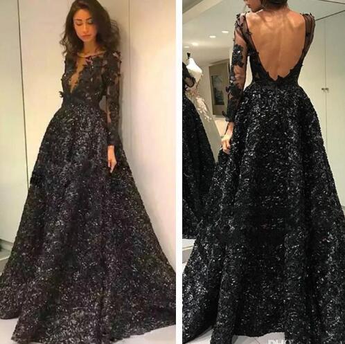 Vintage Black Long Sleeves Evening Prom Dresses Formal Rose Flowers Backless Long evening wear Vestidos de fiesta