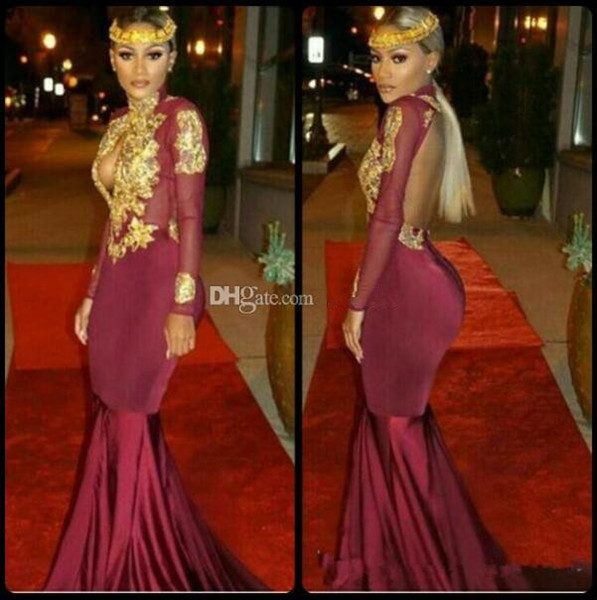 Long sleeve prom dresses high neck sexy backless gold appliques mermaid evening party dresses prom gown