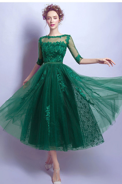 Dark Green Prom Dress tea length Tulle Lace Prom Dresses Evening Gowns Scoop Sleeveless Zipper with buttons Back New Arrival Royal Blue