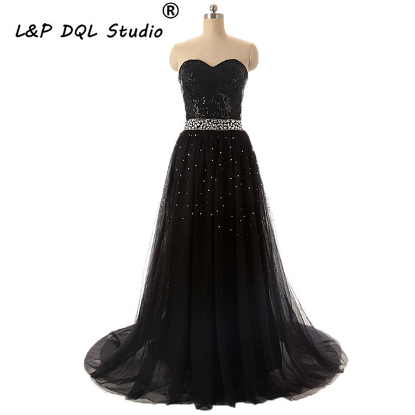 Stunning Black Prom Dresses Ball Gown Shining Sequined Top Peplum Evening Dress Sweep train vestidos festa formal gowns