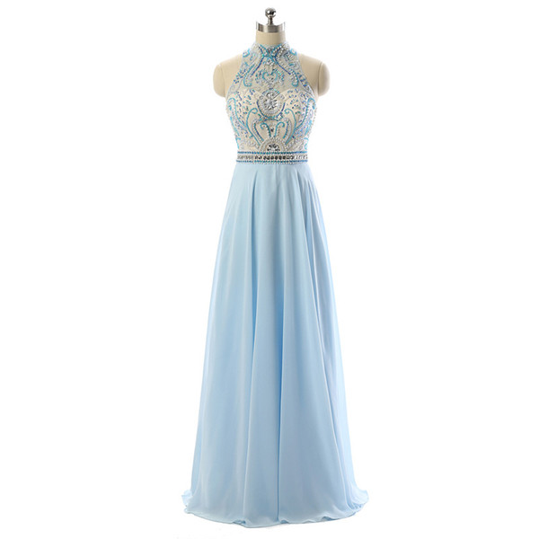 Summer Light Sky Blue Chiffon Prom Dresses Backless Sexy Sheer with Beading Sequins Evening Dresses