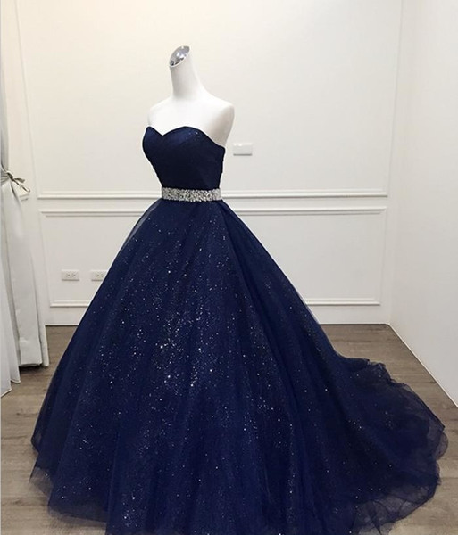 Stunning Navy Blue Ball Gown Prom Dress Bling Bling Quinceanera Dress Shining Sash Long vestidos festa Formal Gowns