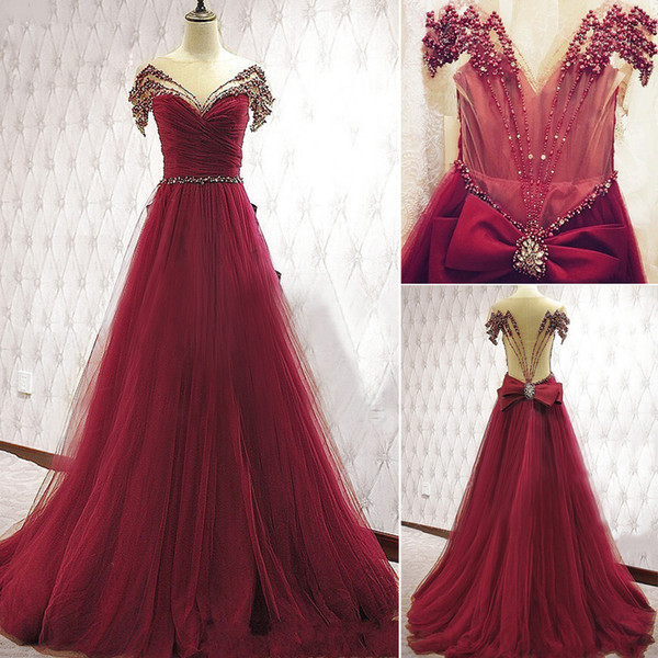 Wine Red prom Dresses Sexy Sheer Neck Long pleats Tulle with beading Sweep train Long Dreses Evening Wear with Big Bow 2017