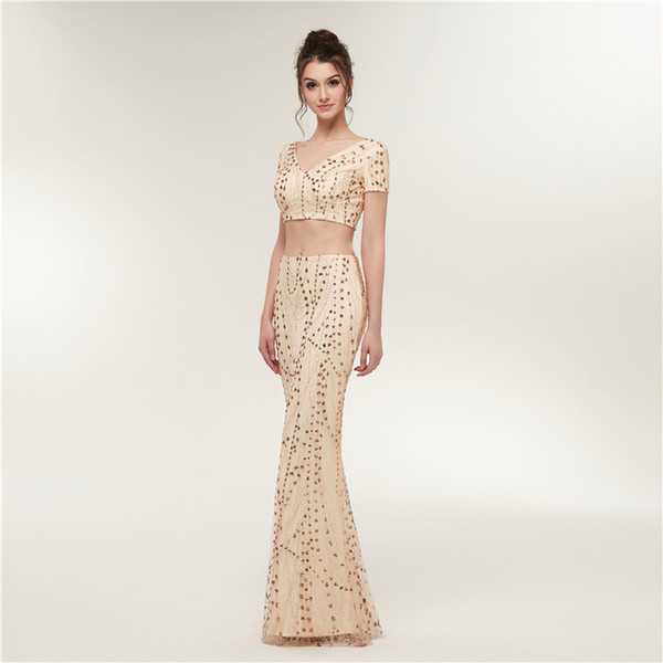 Stunning Champagne Gold Mermaid Prom Dresses 2 Pieces Long Evening Dress Shining Sequins Beads Runway Gowns