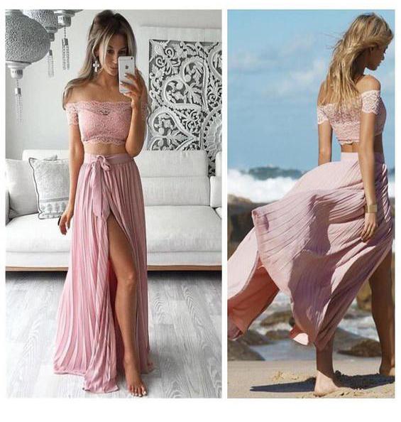 Stunning Pink Prom Dresses Two Pieces Strapless Zipper Back Short Sleeves Side Split Chiffon Skirt Party Dress