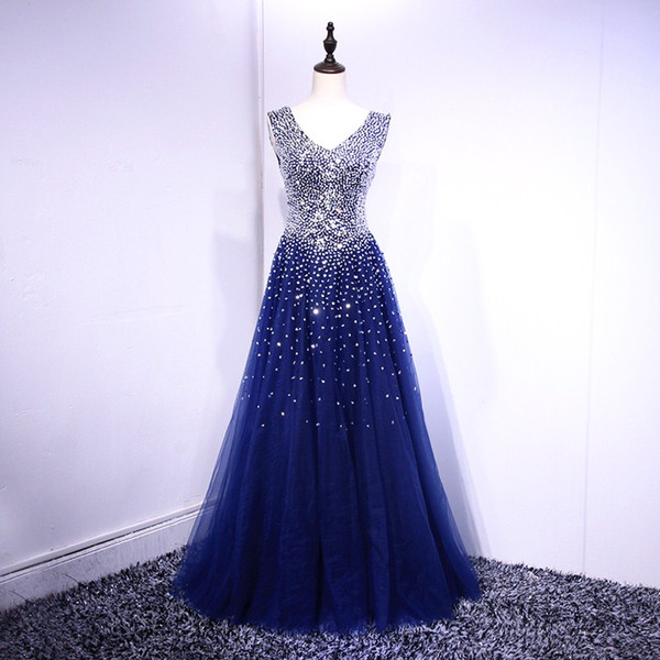 Fancy Royal Blue Ball Gown Prom Dresses Real Pictures Shining Sequins BeadsLace-up Back Evening Dresses