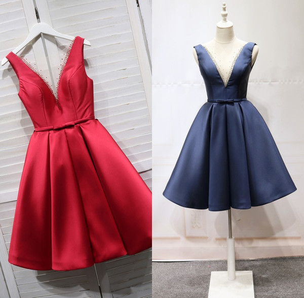 Tea Length Satin Prom Dress Dark Navy/Red Party Dresses Sheer Neck with Beads Lace-up Back Accept Custom Made