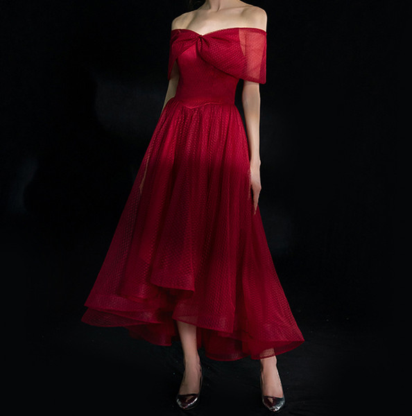 Dark Red Prom Dress Hi Lo Off the Shoulder tulle party Gowns New Arrival High Waist lace-up Back