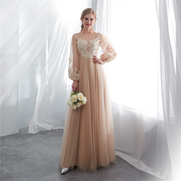 Champagne Prom Dresses Long Sleeves Zipper Back Floor Length Evening Dresses New Arrival Formal Gowns