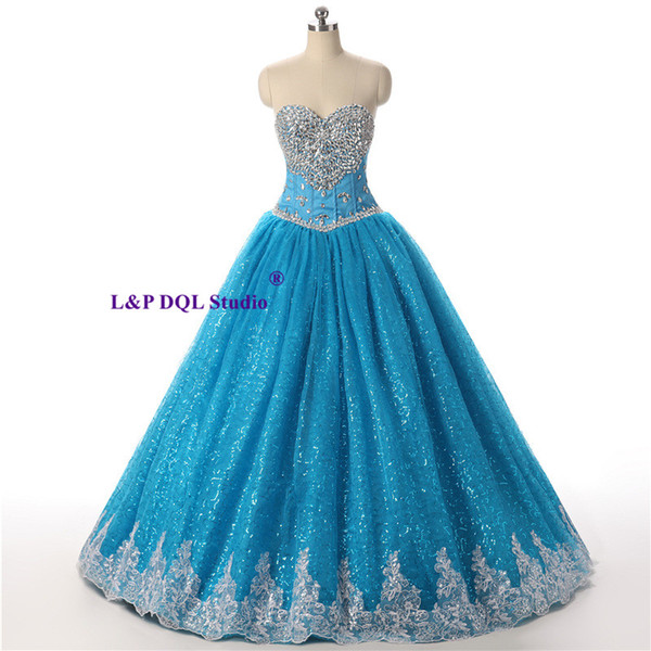 Sparkling Ball Gown Blue Prom Dresses Sweetheart lace-up Back Pleats Tulle with Shining Sequins Sparkling Beads crystal Quinceanera Dress