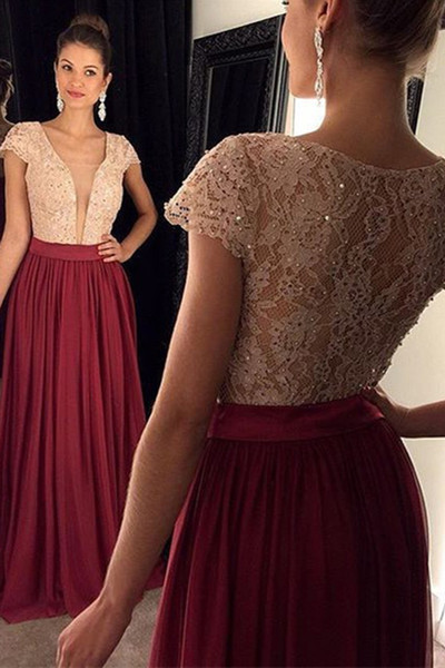 Sexy Burgundy Prom Dresses Lace Evening Dresses Side Zipper Lace with Shining Beads Accept Custom Made