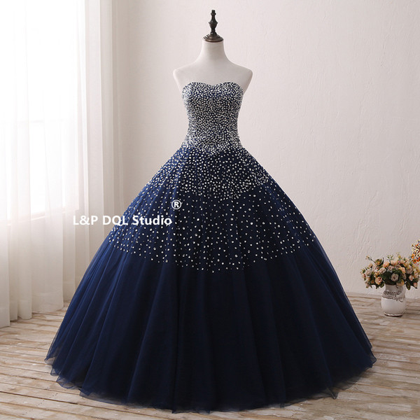 Stunning Dark Navy Ball Gown Prom Dresses Sexy Sweetheart Lace-up back Floor Length Quinceanera Dresses Shining Sequins Beads Prom Gowns