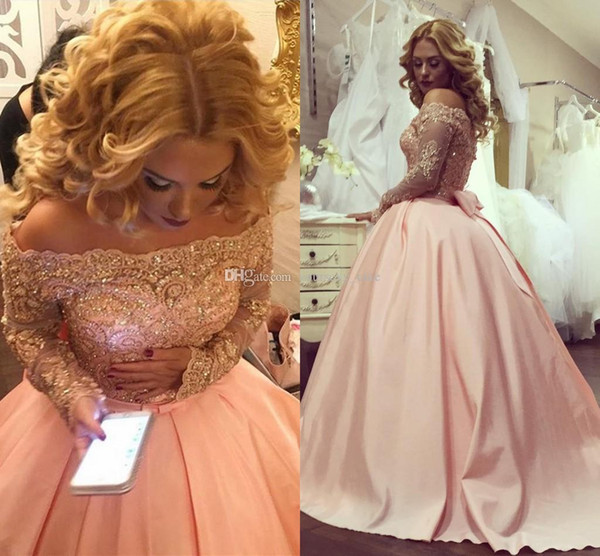 Alluring Plus Size Ball Gown Prom Dresses Bateau Neck Long Sleeves Crystal Appliques Satin Blush Pink Sparkly Evening Gowns Formal Dresses