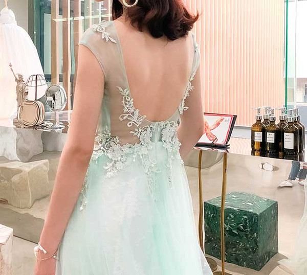 Sexy Backless Prom Dresses Tulle Lace with Applique Long Evening Gowns Sweep Train Long Evening Gowns Sage with Ivory