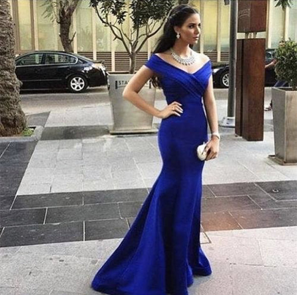 Sexy Royal Blue Prom Dress Mermaid Evening Dresses Off the Shoulder Zipper Back Sweep Train Formal Gowns