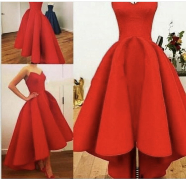 Fancy Hi Lo Satin Prom Dresses Custom Made Plus Size Zipper/Lace-up Back Party Dress Top Quality Red,Royal Blue,Black Satin Dress