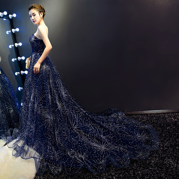 Stunning Navy Blue Prom Dresses Sweep Train Strapless Lace-up Back Long Evening Dresses Sparkling Sequins Runway Gowns