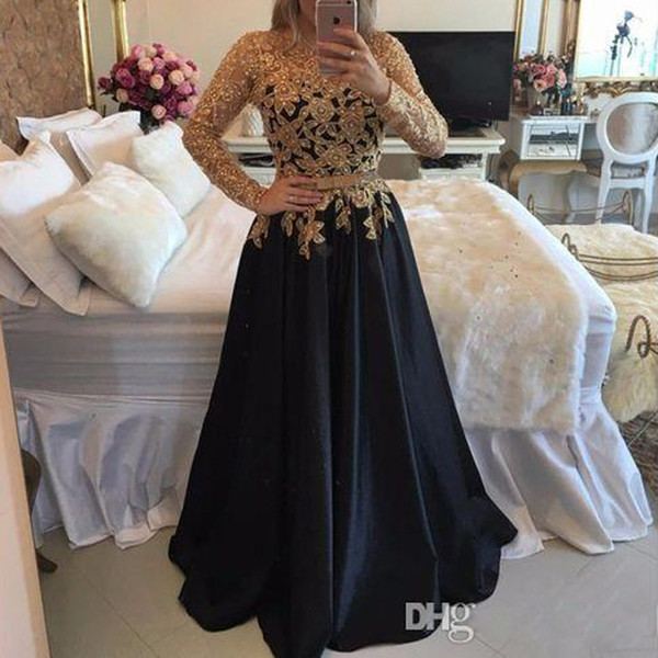 ZYLLGF Long Sleeves Prom Dresses with Gold Lace Appliqued Beads Satin Prom Gowns Long Arabic Dubai Evening Party Dress